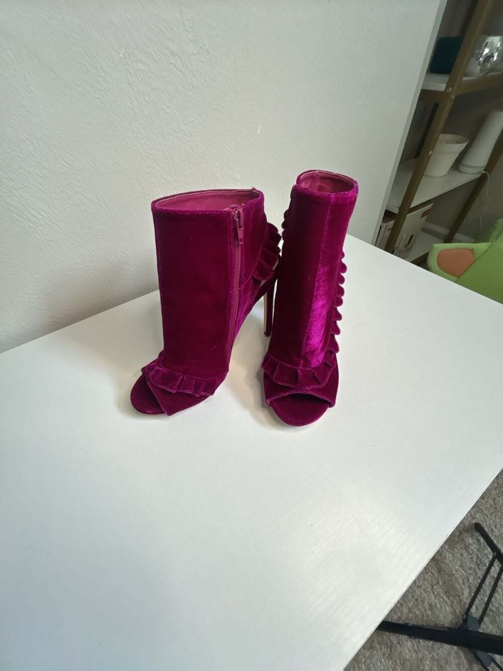ShoeDazzle Lucie Magenta Velvet Ruffle Peep Toe Stiletto Booties Size 9.5